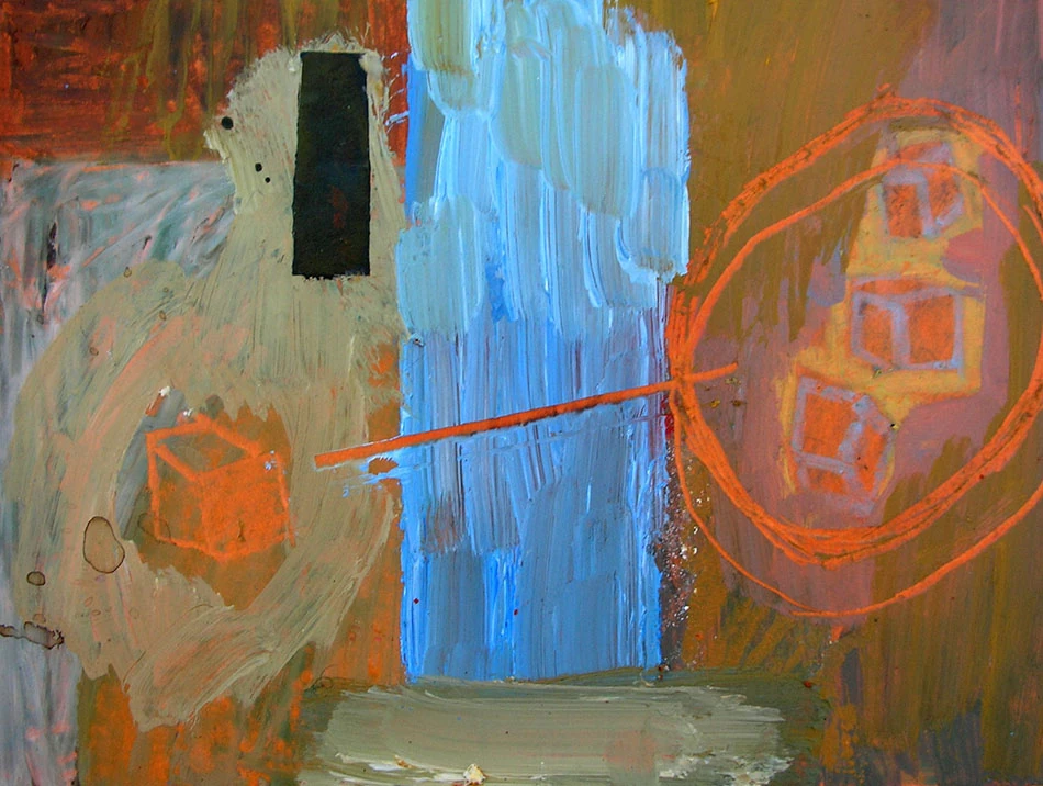Dipinto astratto con campiture grigie e azzurre e disegni arancioni di case e forme circolari.
