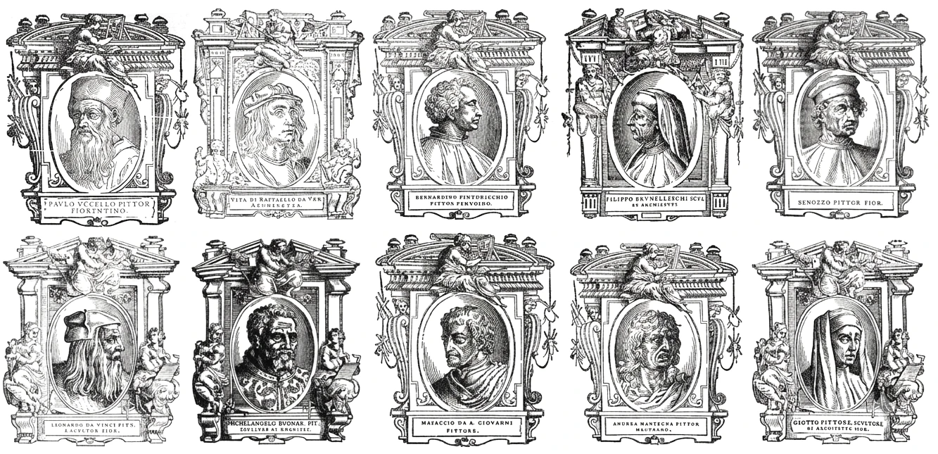 Grid of ten engraved portraits, each enclosed in an ornamental frame.