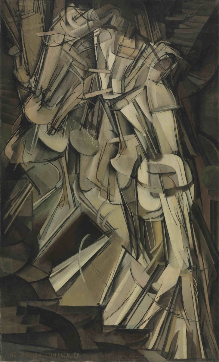 A Cubist human figure descending stairs, built from overlapping angular forms in brown tones.